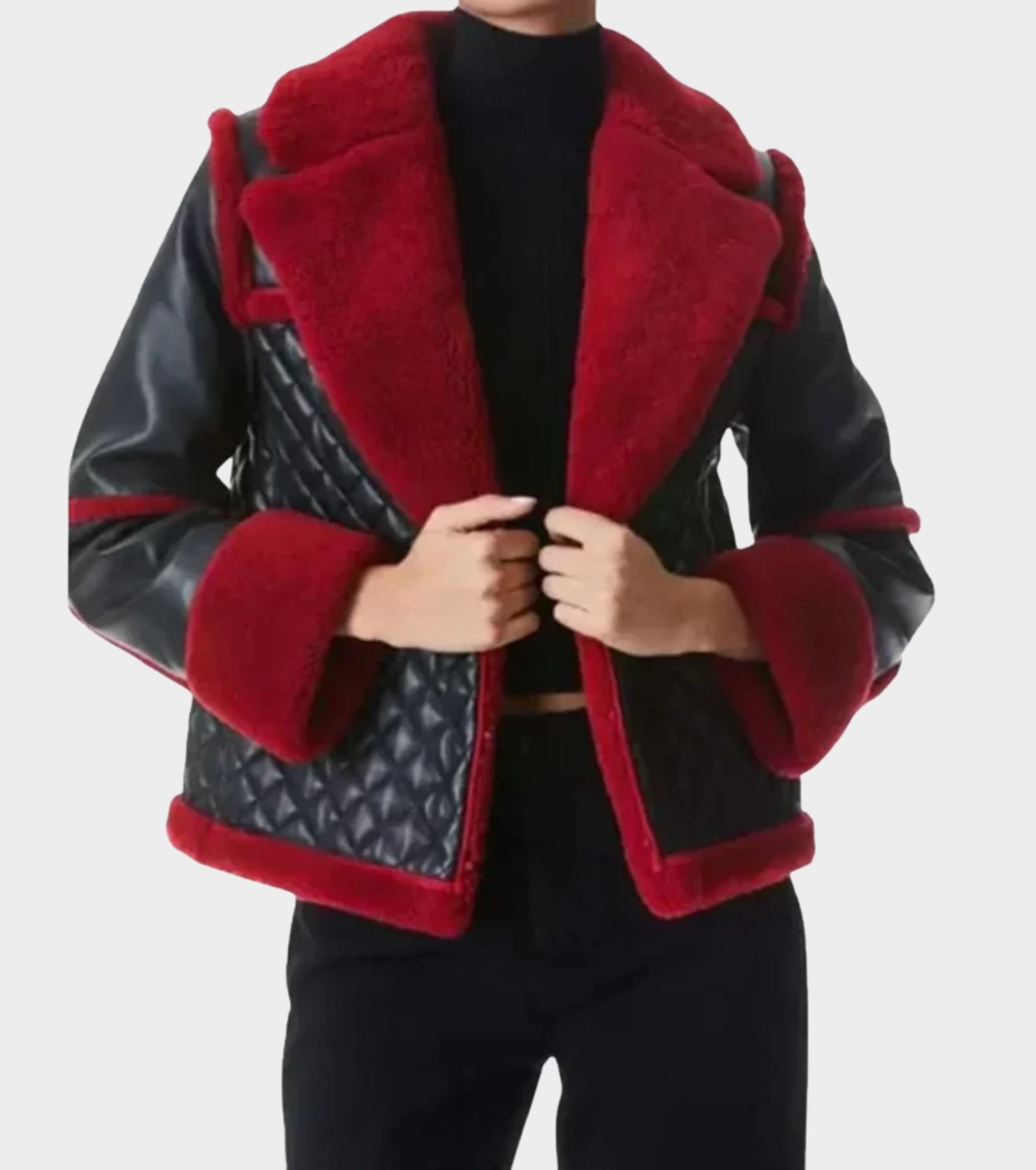 Womens Red Shearling Black Leather Quilted Jacket Womens Red Shearling Black Leather Quilted Jacket