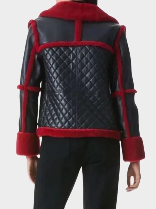 Womens Red Shearling Black Leather Quilted Jacket