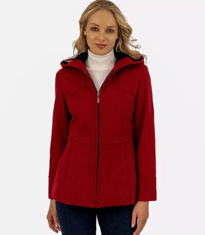 Womens Red Wool Blend Hooded Zip Up Jacket