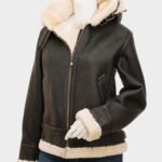 Womens Shearling Buckle Collar Brown Leather Jacket with Hood