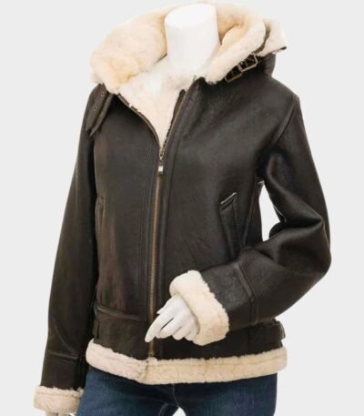 Womens Shearling Buckle Collar Brown Leather Jacket with Hood