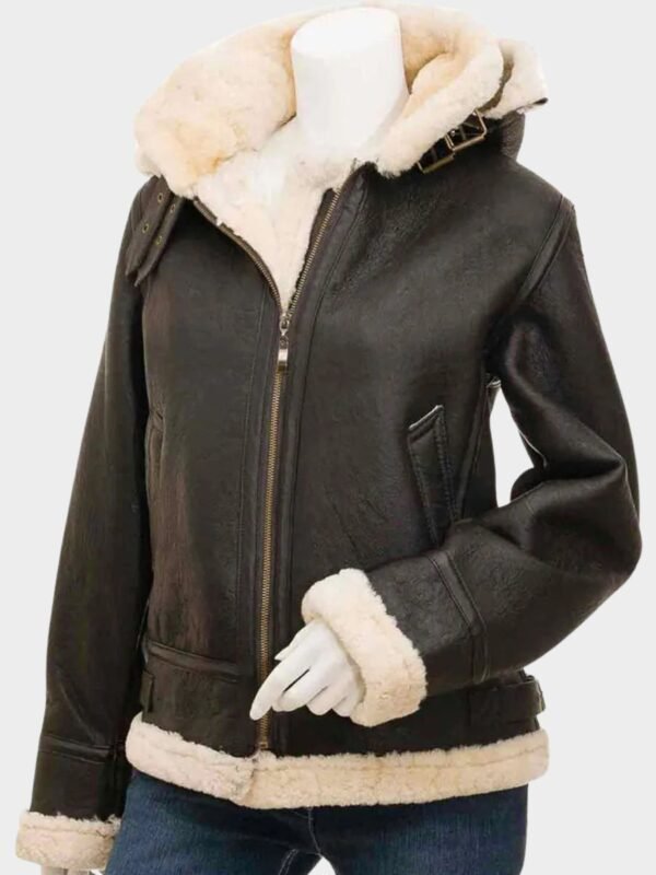 Womens Shearling Buckle Collar Brown Leather Jacket with Hood