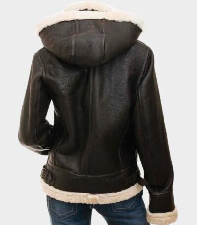 Womens Shearling Buckle Collar Brown Leather Jacket with Hood