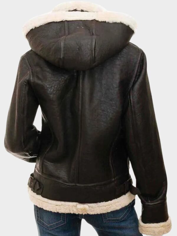 Womens Shearling Buckle Collar Brown Leather Jacket with Hood