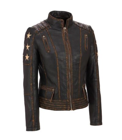 Women's Stars and Stripes Brown Vintage Leather Jacket