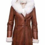 Women’s Stylish New Genuine Leather Pure Soft Lambskin Long Overcoat with Faux Fur