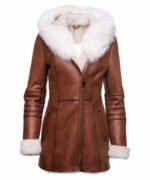 Women’s Stylish New Genuine Leather Pure Soft Lambskin Long Overcoat with Faux Fur