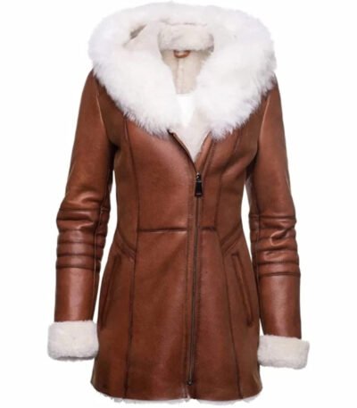 Women’s Stylish New Genuine Leather Pure Soft Lambskin Long Overcoat with Faux Fur