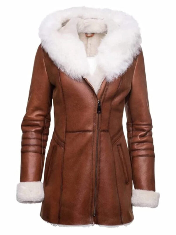 Women’s Stylish New Genuine Leather Pure Soft Lambskin Long Overcoat with Faux Fur