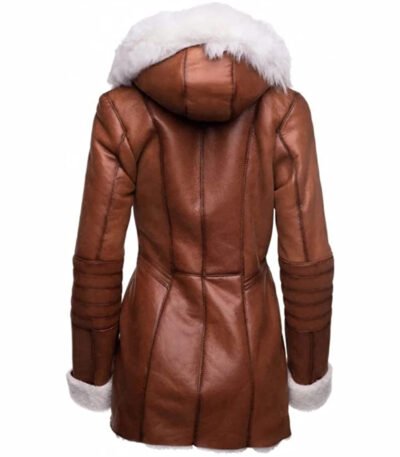 Women’s Stylish New Genuine Leather Pure Soft Lambskin Long Overcoat with Faux Fur