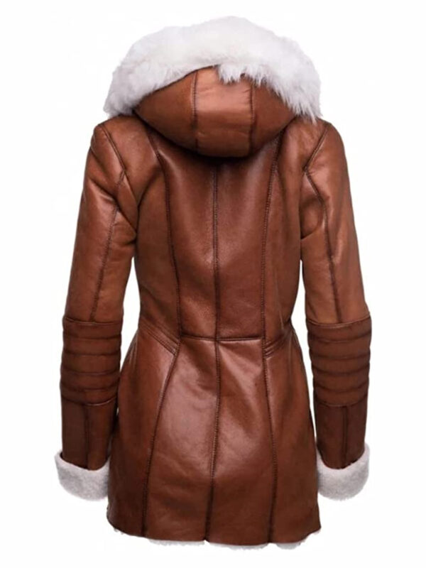Women’s Stylish New Genuine Leather Pure Soft Lambskin Long Overcoat with Faux Fur