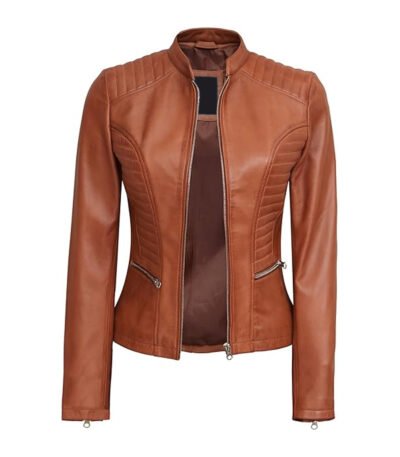 Women's Tan Cafe Racer Leather Jacket