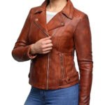 Womens Vintage Brown Cross Zip Slim Fit Genuine Real Leather Jacket
