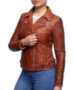 Womens Vintage Brown Cross Zip Slim Fit Genuine Real Leather Jacket