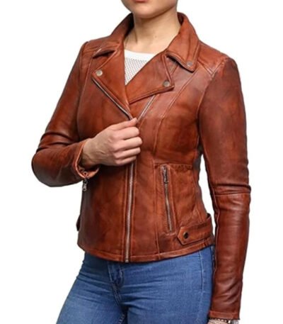 Womens Vintage Brown Cross Zip Slim Fit Genuine Real Leather Jacket