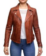 Womens Vintage Brown Cross Zip Slim Fit Genuine Real Leather Jacket