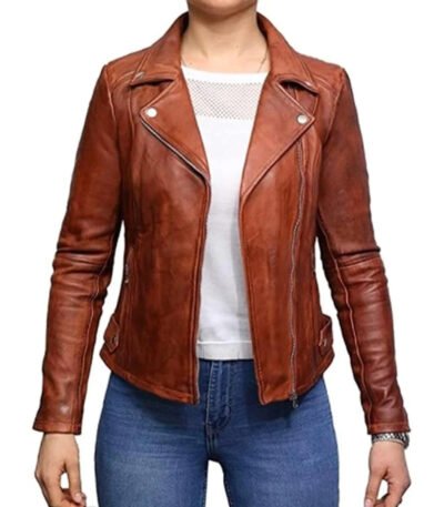 Womens Vintage Brown Cross Zip Slim Fit Genuine Real Leather Jacket