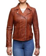 Womens Vintage Brown Cross Zip Slim Fit Genuine Real Leather Jacket