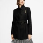 Women's Wrap Short Style Black Wool Coat