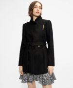 Women's Wrap Short Style Black Wool Coat