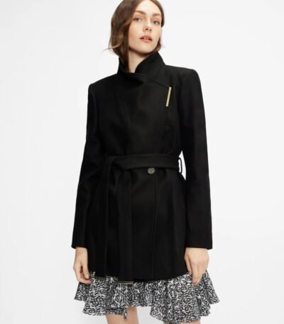 Women's Wrap Short Style Black Wool Coat