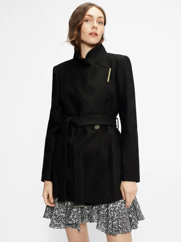 Women's Wrap Short Style Black Wool Coat