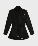 Women's Wrap Short Style Black Wool Coat