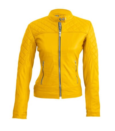 Womens Yellow Biker Quilted Leather Jacket