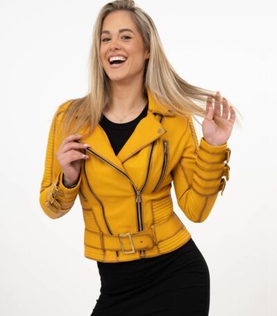 Women's Yellow Genuine Leather Biker Jacket
