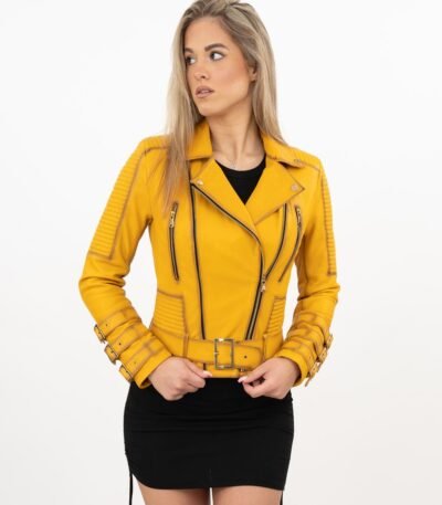 Women's Yellow Genuine Leather Biker Jacket