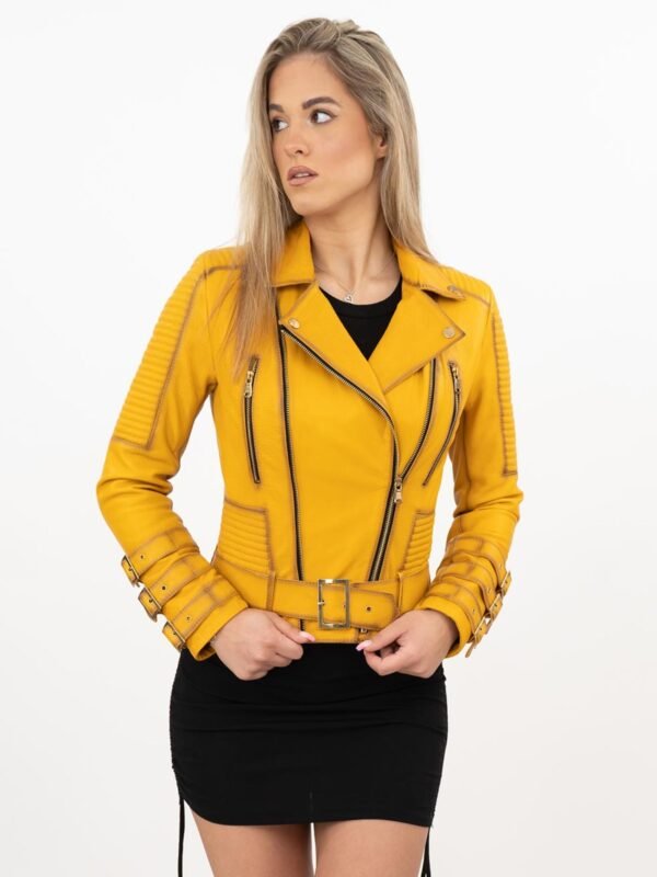 Women's Yellow Genuine Leather Biker Jacket