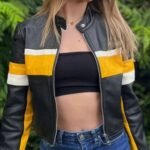 Yellow Stripe Cropped Black Leather Jacket