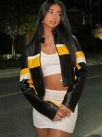 Yellow Stripe Cropped Black Leather Jacket