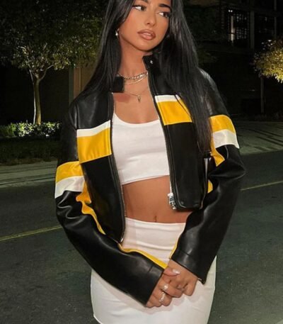 Yellow Stripe Cropped Black Leather Jacket