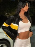 Yellow Stripe Cropped Black Leather Jacket