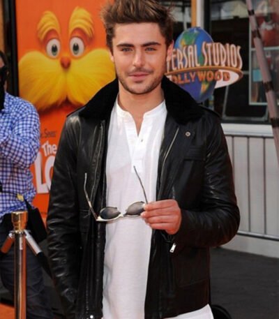 Zac Efron Black Leather Faux Fur Collar Jacket
