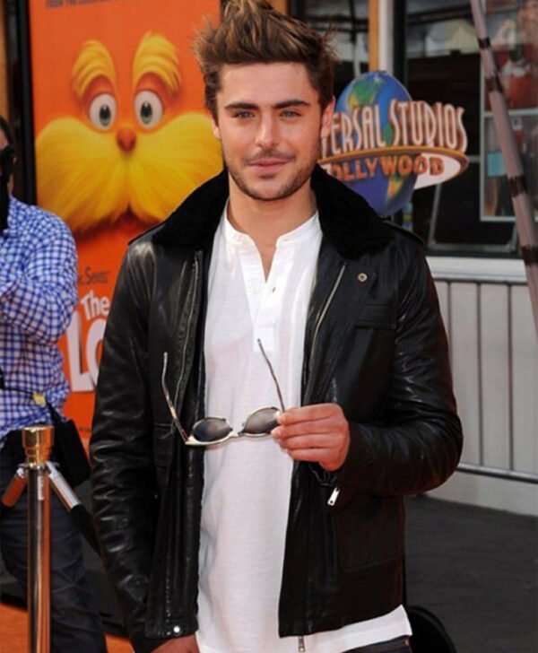 Zac Efron Black Leather Faux Fur Collar Jacket