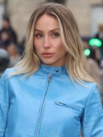 Alix Earle PFW 2025 Blue Leather Jacket