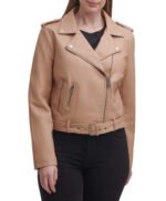 Water Repellent Leather Fashion Belted Moto Jacket Brown