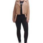 Water Repellent Leather Fashion Belted Moto Jacket Brown