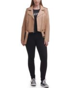 Water Repellent Leather Fashion Belted Moto Jacket Brown