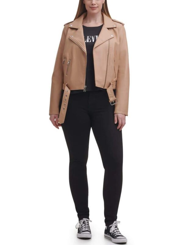 Water Repellent Leather Fashion Belted Moto Jacket Brown