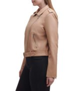Water Repellent Leather Fashion Belted Moto Jacket Brown