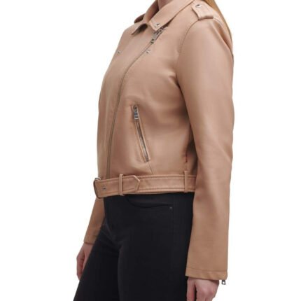 Water Repellent Leather Fashion Belted Moto Jacket Brown