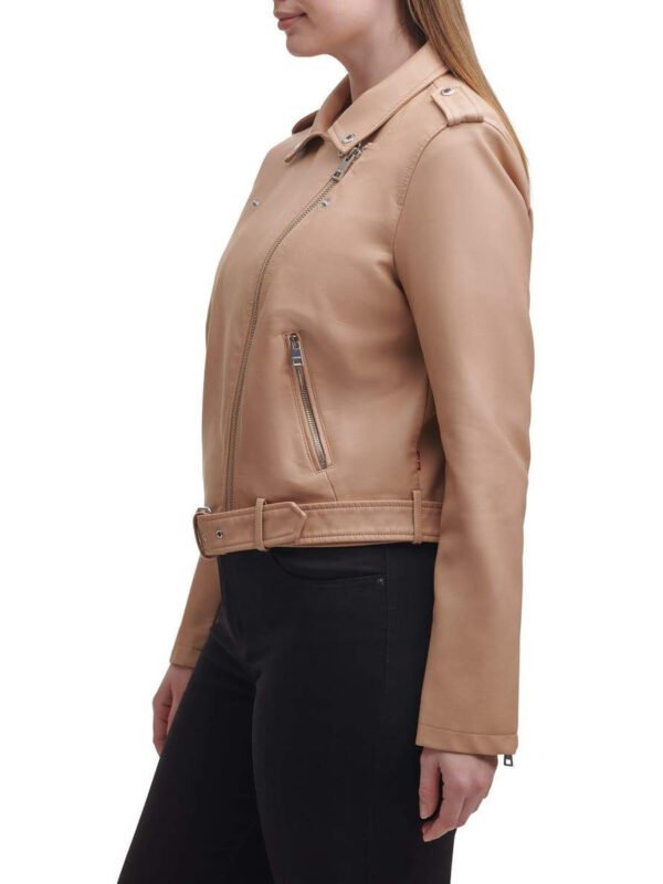 Water Repellent Leather Fashion Belted Moto Jacket Brown