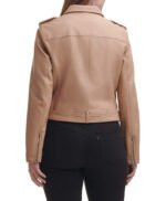 Water Repellent Leather Fashion Belted Moto Jacket Brown
