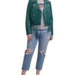 Water Repellent Leather Fashion Belted Moto Jacket Green