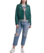 Water Repellent Leather Fashion Belted Moto Jacket Green
