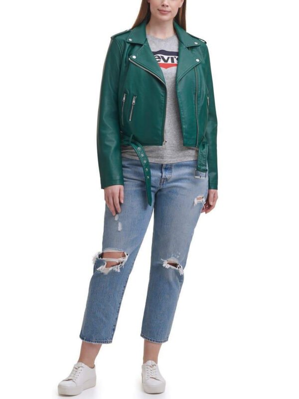 Water Repellent Leather Fashion Belted Moto Jacket Green