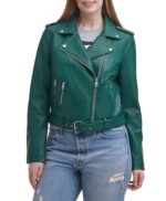 Water Repellent Leather Fashion Belted Moto Jacket Green